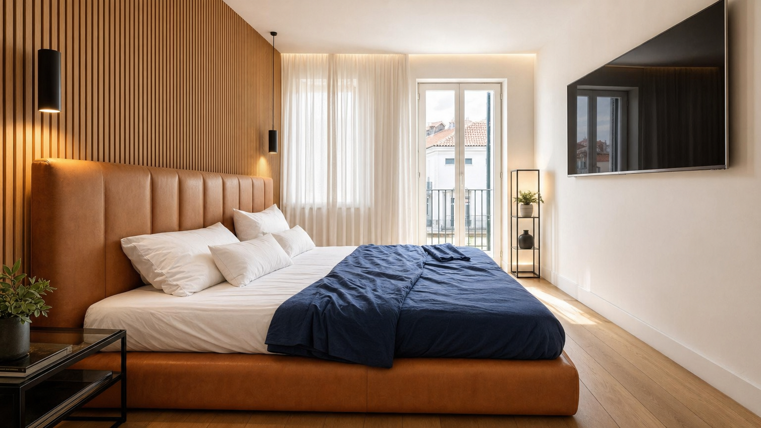 Chambre avec tête de lit en cuir et boiseries