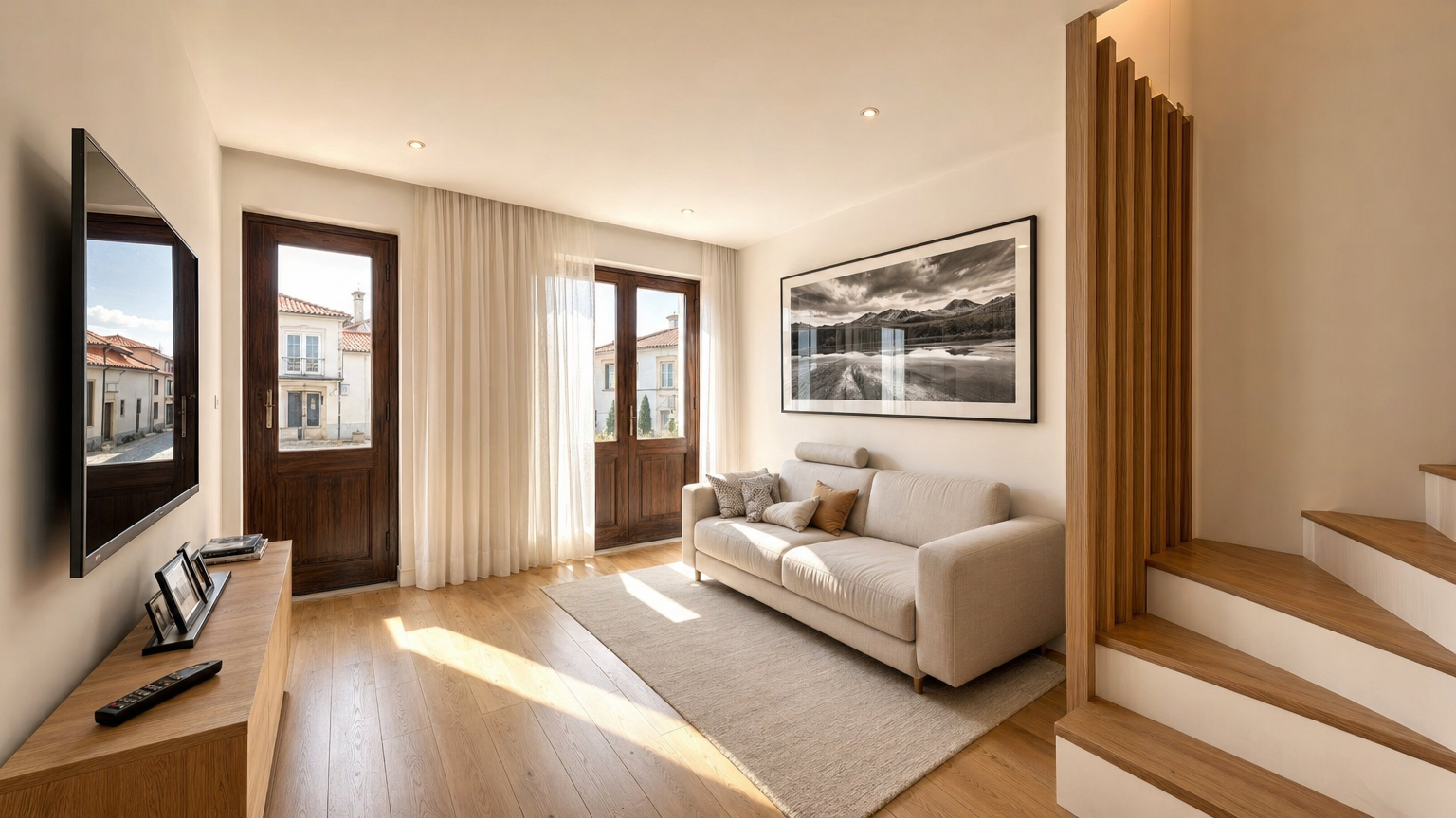 Salon lumineux avec vue sur la rue