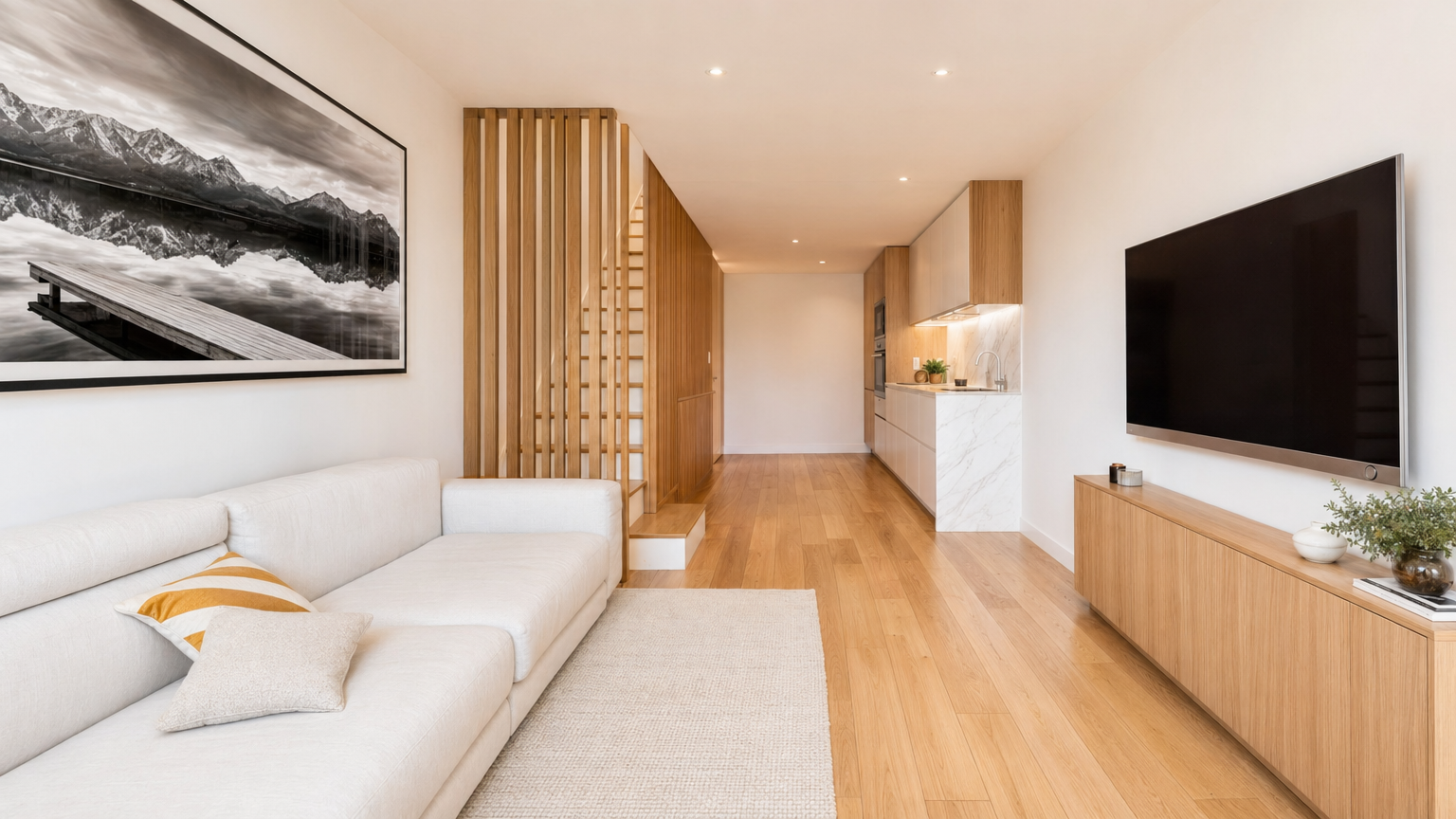 Salon avec escalier en bois et cuisine ouverte