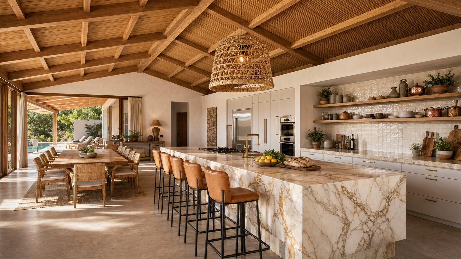 Cuisine ouverte avec îlot en marbre et poutres apparentes