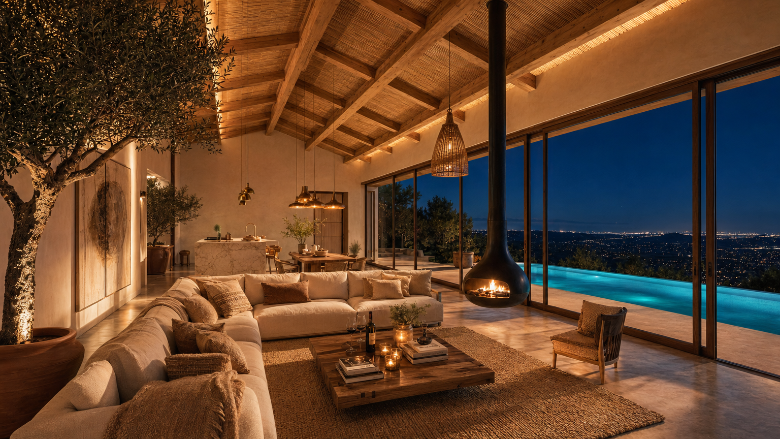 Salon de nuit avec cheminée et piscine illuminée
