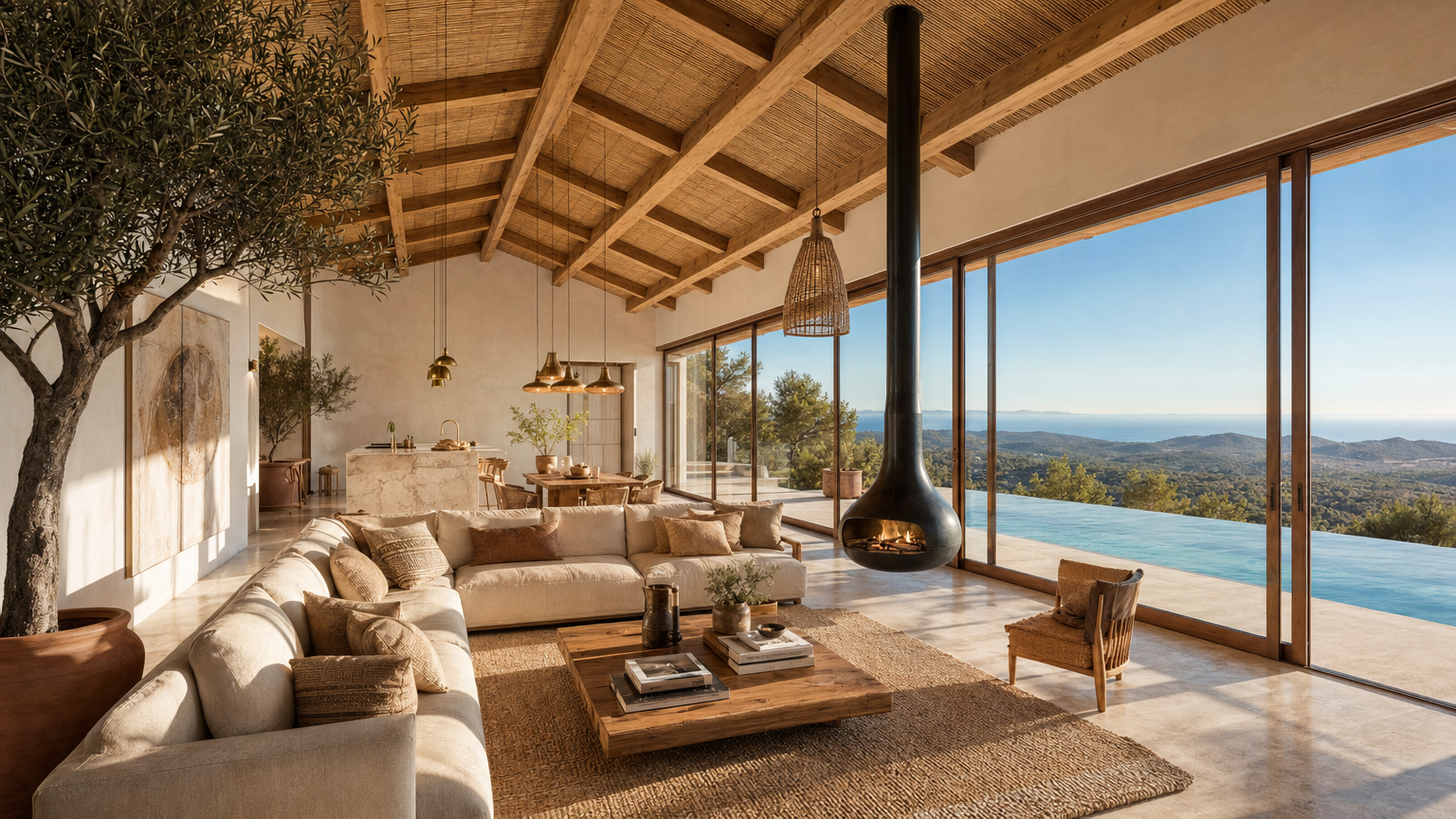 Salon luxueux avec cheminée suspendue et vue panoramique