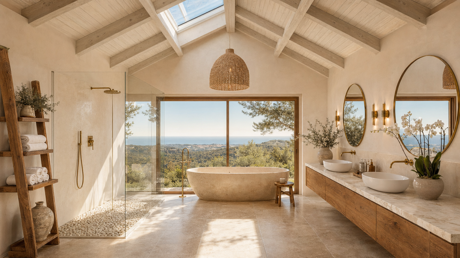 Salle de bain avec baignoire îlot et vue panoramique