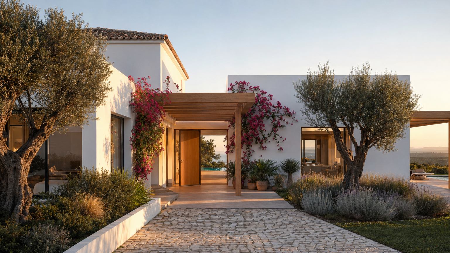 Entrée de la villa avec bougainvilliers