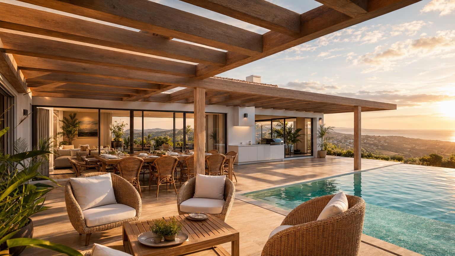 Terrasse avec mobilier lounge et piscine