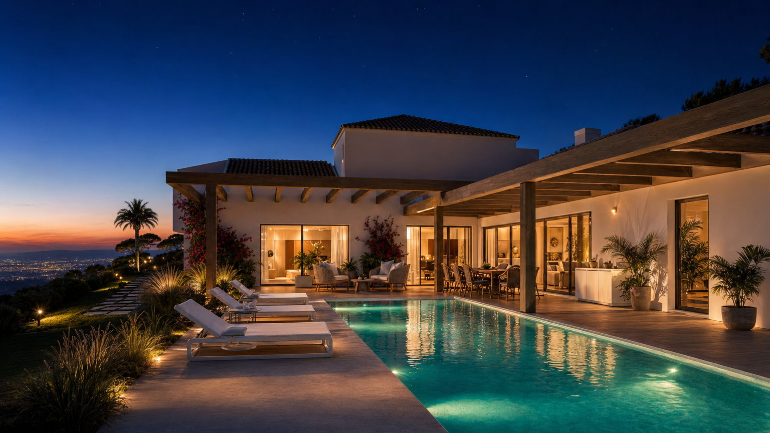 Villa illuminée au crépuscule